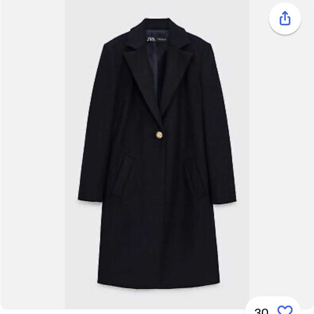 Zara Dark Navy Single Breasted Wool (80%) Coat M